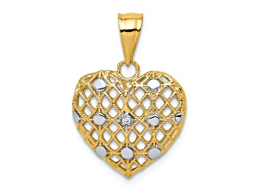 14k Yellow Gold and Rhodium Over 14k Yellow Gold Textured Diamond Heart Pendant