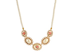 Yellow Base Metal Rose Decal & Oval Faux Pearl Necklace 16 inch Adj.