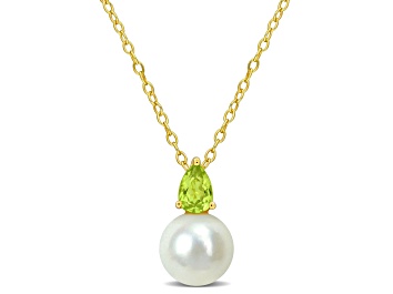 Picture of 2/5 CT TGW Peridot and Freshwater Cultured Pearl Pendant with Chain in Yellow Plated Sterling Silver