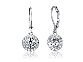 Clear Cubic Zirconia, Rhodium Plated over Brass Halo Dangle Earrings