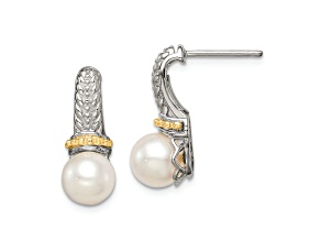 Sterling Silver Rhodium-plated with 14K Accent 7-8mm Freshwater Cultured Pearl Post Earrings