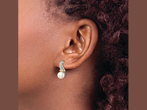 Sterling Silver Rhodium-plated with 14K Accent 7-8mm Freshwater Cultured Pearl Post Earrings