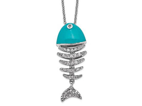 Rhodium Over Sterling Silver Enameled Cubic Zirconia Fish Necklace