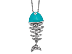 Rhodium Over Sterling Silver Enameled Cubic Zirconia Fish Necklace