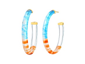 14K Yellow Gold Over Sterling Silver XL Oval Tie Dye Lucite Hoop Earrings in Blue and Orange