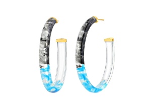 14K Yellow Gold Over Sterling Silver XL Oval Tie Dye Lucite Hoop Earrings In Black and Blue