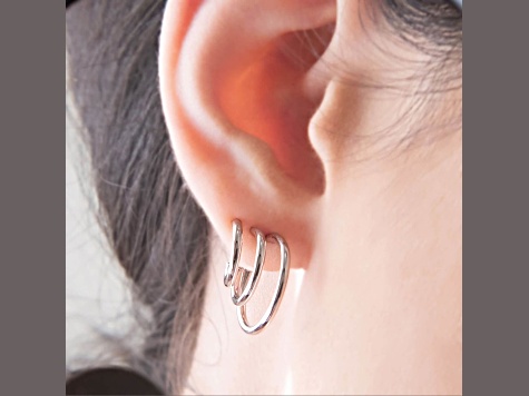 Rhodium Over Sterling Silver Two-Tone Triple Hoops