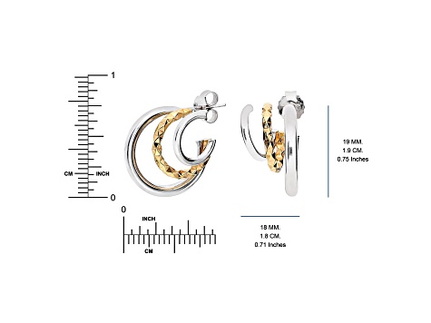 Rhodium Over Sterling Silver Two-Tone Triple Hoops