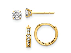 14k Yellow Gold Polished 4mm Cubic Zirconia Stud and 3/8" Hinged Hoop Earrings Set