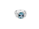 12x10mm Oval Aquamarine and White CZ Rhodium Over Sterling Silver Ring, 3.75ctw