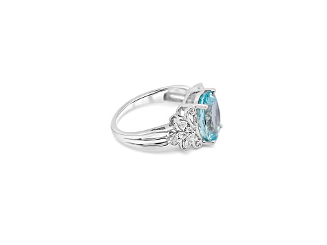 12x10mm Oval Aquamarine and White CZ Rhodium Over Sterling Silver Ring, 3.75ctw
