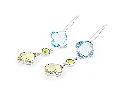 Cushion Blue Topaz and Lemon Quartz with Round Green Peridot Sterling Silver Earrings 16ctw
