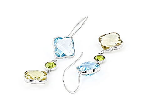 Cushion Blue Topaz and Lemon Quartz with Round Green Peridot Sterling Silver Earrings 16ctw