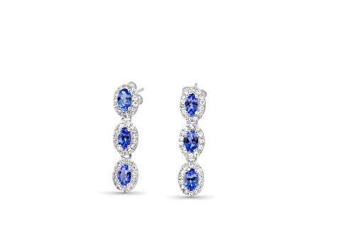 Oval Tanzanite and CZ Rhodium Over Sterling Silver Earrings, 1.54ctw