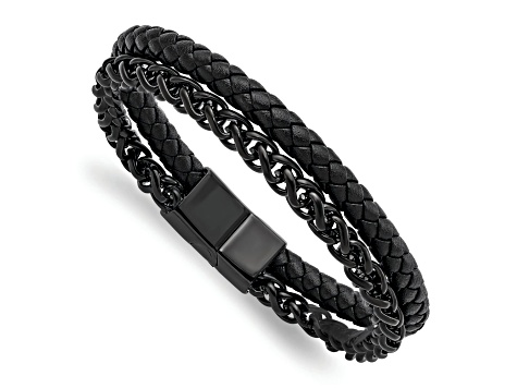 Black Leather and Stainless Steel Polished Black IP Plated Chain 8.5-inch Bracelet