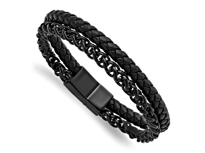 Black Leather and Stainless Steel Polished Black IP Plated Chain 8.5-inch Bracelet