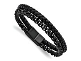 Black Leather and Stainless Steel Polished Black IP Plated Chain 8.5-inch Bracelet