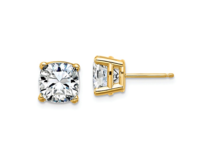 14K Yellow Gold 4ct. 7.5mm Cushion D E F Pure Light Moissanite Earrings