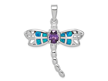 Picture of Rhodium Over Sterling Silver Lab Created Opal Dragonfly Amethyst Pendant