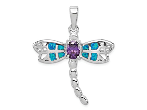 Rhodium Over Sterling Silver Lab Created Opal Dragonfly Amethyst Pendant