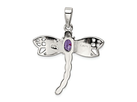 Rhodium Over Sterling Silver Lab Created Opal Dragonfly Amethyst Pendant