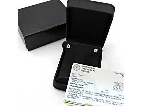 Lab Grown White Diamond 14K Yellow Gold Stud Earrings VS1 Clarity E Color, IGI Certified 2ctw