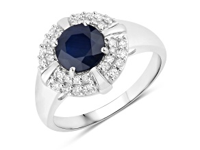 Blue Sapphire and White Diamond 10K White Round Halo Gold Ring 1.71 ctw