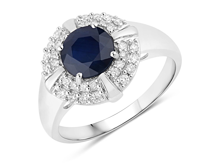 Blue Sapphire and White Diamond 10K White Round Halo Gold Ring 1.71 ctw
