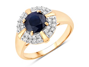 Blue Sapphire and White Diamond 10K Yellow Round Halo Gold Ring 1.71 ctw