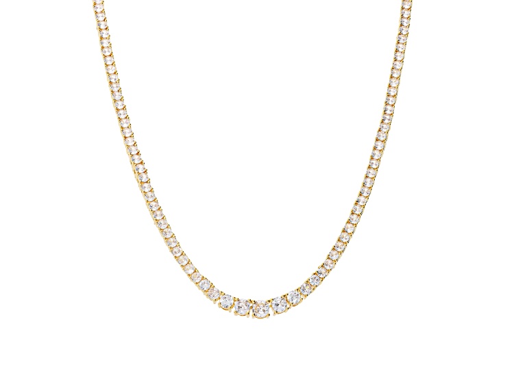 Cubic Zirconia, 18K Yellow Gold Plated Over Bronzer Graduated Tennis Necklace, 13.95 carats