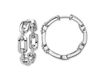 Picture of Rhodium Over Sterling Silver Cubic Zirconia Link In/Out Hinged Round Hoop Earrings