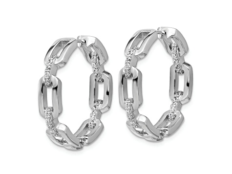 Rhodium Over Sterling Silver Cubic Zirconia Link In/Out Hinged Round Hoop Earrings
