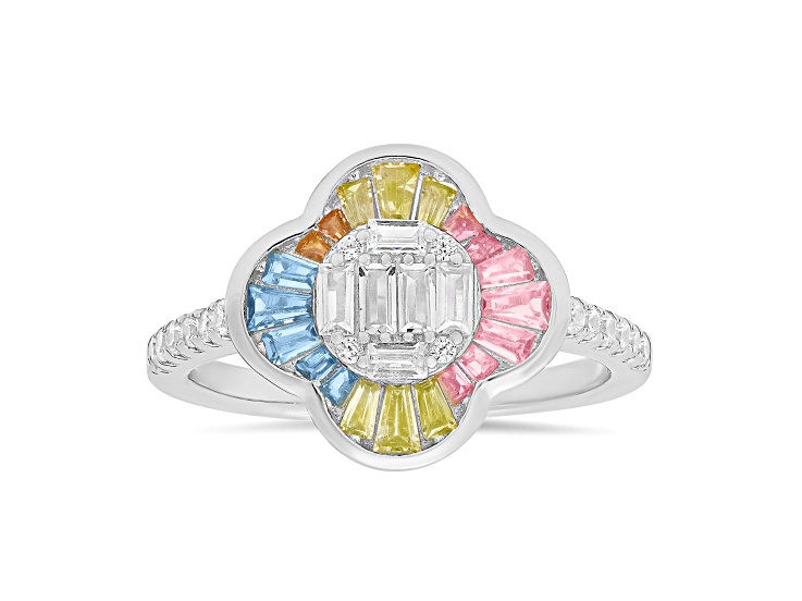 Multi-color Cubic Zirconia Rhodium Over Sterling Silver Clover Ring 1.44ctw