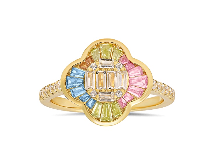 Multi-color Cubic Zirconia 14k Yellow Gold Over Sterling Silver Clover Ring 1.44ctw