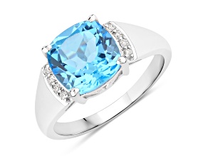 Swiss Blue Topaz and Lab Grown Diamond Rhodium Over Silver Cushion Cut Ring 3.73ctw