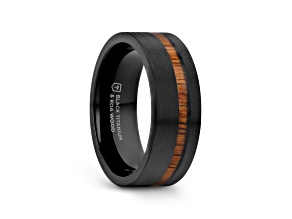 DARING Off-Set Koa Wood Inlaid Black Titanium Men's Wedding Band With Flat Brushed Finish - 8mm
