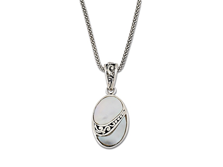 Silver Treasures by Samuel B. Mother-Of-Pearl Sterling Silver Pendant with 18" Popcorn Chain