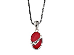 Silver Treasures by Samuel B. Oval Coral Sterling Silver Pendant with 18" Popcorn Chain