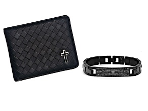 Braided Black Leather Cross Wallet and Black IP ID Bracelet Set