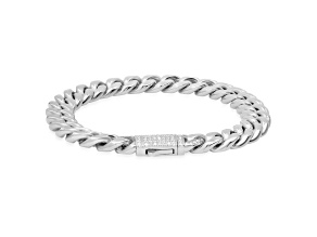 Men's Stainless Steel Thick Cuban Link Bracelet With Cubic Zirconia Clasp 0.9ctw