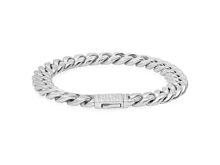 Men's Stainless Steel Thick Cuban Link Bracelet With Cubic Zirconia Clasp 0.9ctw