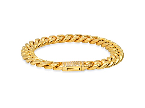 Men's 18K Yellow Gold Over Stainless Steel Thick Cuban Link Bracelet With Cubic Zirconia Clasp