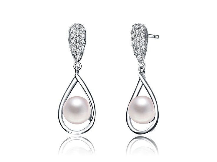 White Round Pearl & Round Cubic Zirconia, Rhodium Plated over Sterling Silver Drop Earrings