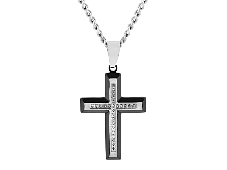 Black Ion-Plated Stainless Steel and Diamond Cross Pendant With Chain 0.12ctw