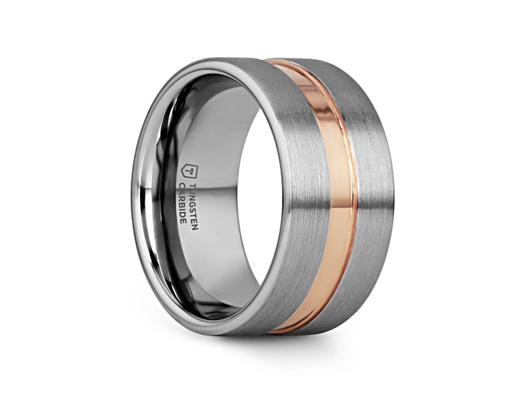 ZEUS Flat Brushed Finish Tungsten Carbide Ring with Rose Gold Plated Groove- 10mm