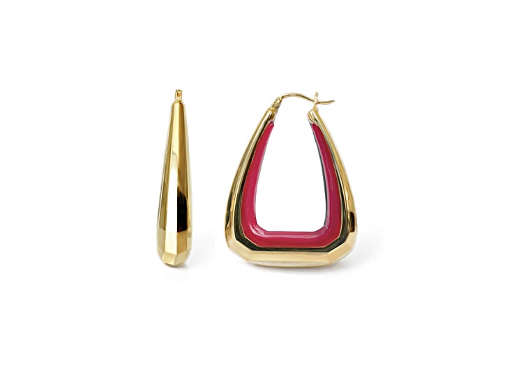 14K Gold Over Brass Pink Flamingo Triangle Gem Cut Hoop Earrings