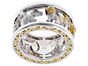 White Diamond Rhodium & 24K Gold Over Palladium Sterling Silver Small Dog Spinner Ring 0.02ctw