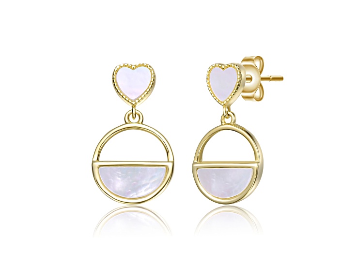 White Mother of Pearl, 14K Gold Plated over Brass Heart & Circular Drop Earrings for Teens