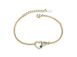 Emerald Green Cubic Zirconia, 14K Gold Plated over Brass with Heart Charm Bracelet for Kids