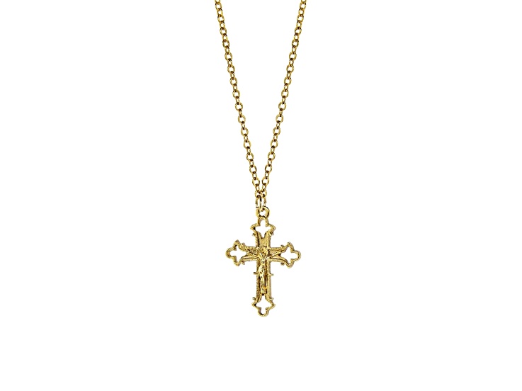 Symbols Of Faith Gold Tone Brass Crucifix Cross Pendant With Chain 18 Inch